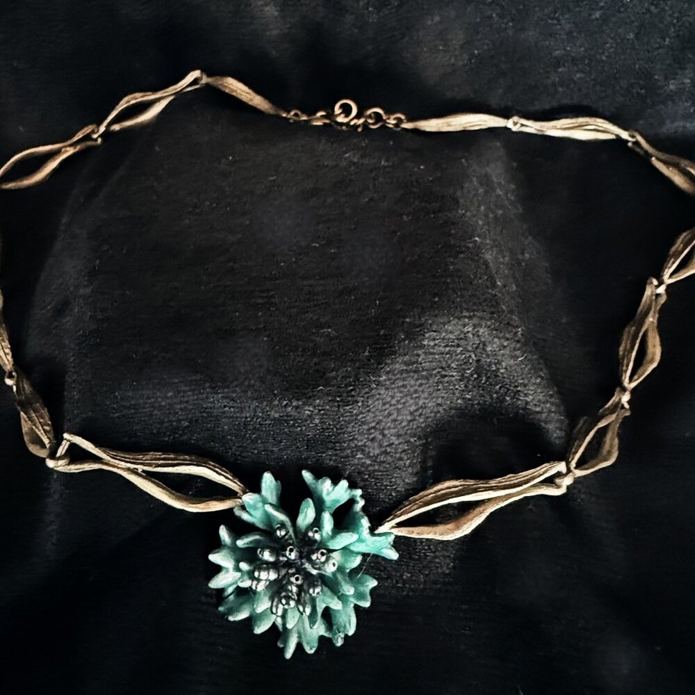 Vintage Artisan Necklace Gold Brass Tone Blue Flower Adjust 16" - 18" Signed